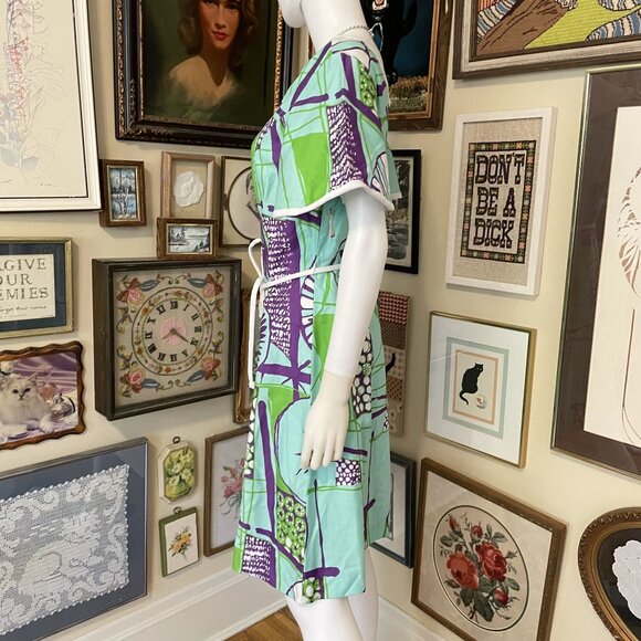 60s Vintage Deadstock Puritan Forever Young Green & Purple Flutter Sleeve Dress - Picture 2 of 9